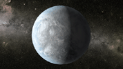 The artist's concept depicts Kepler-62e, a super-Earth-size planet in the habitable zone of a star smaller and cooler than the sun, located about 1,200 light-years from Earth in the constellation Lyra.