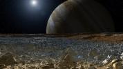 This artist's concept shows a simulated view from the surface of Jupiter's moon Europa. Europa's potentially rough, icy surface, tinged with reddish areas that scientists hope to learn more about.