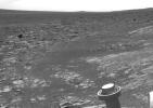NASA's Mars Exploration Rover Opportunity used its navigation camera to acquire this view looking toward the southwest. The scene includes tilted rocks at the edge of a bench surrounding 'Cape York,' with Burns formation rocks exposed in 'Botany Bay.'