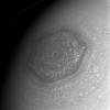 The area within Saturn's north polar hexagon is shown by NASA's Cassini spacecraft to contain myriad storms of various sizes, not the least of which is the remarkable and imposing vortex situated over the planet's north pole.