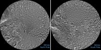 The northern and southern hemispheres of Saturn's moon Mimas are seen in these polar stereographic maps, mosaicked from the best-available images taken by NASA's Cassini spacecraft.