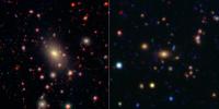 This image shows two of the galaxy clusters observed by NASA's WISE and Spitzer Space Telescope missions. Galaxy clusters are among the most massive structures in the universe.