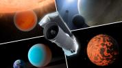 This artist's concept shows NASA's Spitzer Space Telescope surrounded by examples of exoplanets the telescope has examined in over its ten years in space.
