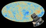 The oldest light in the universe, called the cosmic microwave background, as observed by the Planck space telescope is shown in the oval sky map. An artist's concept of Planck is next to the map.