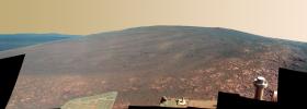 This scene shows the 'Murray Ridge' portion of the western rim of Endeavour Crater on Mars, as seen by NASA's Opportunity rover. It is presented in false color to make some differences between materials easier to see.