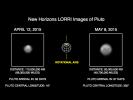 This image of Pluto is part of series of New Horizons Long Range Reconnaissance Imager (LORRI) photos taken May 8-12, 2015; the image at left shows LORRI's view of Pluto just one month earlier.