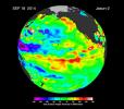 This image from NASA's European Jason-2 satellite shows Kelvin waves of high sea level (red/yellow) crossing the Pacific Ocean at the equator. The waves can be related to El Niño events.