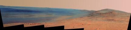 This false-color vista of the Endeavour Crater rim was acquired by NASA's Mars Exploration Rover Opportunity's panoramic camera on April 18, 2014, from 'Murray Ridge' on the western rim of the crater.