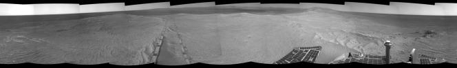 The component images for this 360-degree panorama were taken by NASA's Mars Exploration Rover Opportunity after the rover drove about 97 feet southeastward on April 22, 2014. The location is on the western rim of Endeavour Crater.