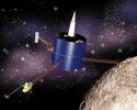 This artist's concept of the Lunar Prospector shows the spacecraft in lunar orbit. Instrument masts are fully deployed.