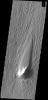 This image captured by NASA's 2001 Mars Odyssey spacecraft shows a streamlined island in Kasei Valles. The teardrop shape indicates that flow was from the bottom to the top of the image.