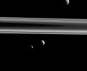 Three of Saturn's moons, Tethys, Enceladus and Mimas, are captured in this group photo from NASA's Cassini spacecraft.