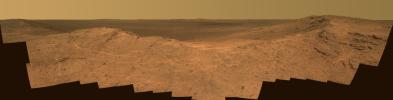 This scene from the panoramic camera (Pancam) on NASA's Mars Exploration Rover Opportunity catches 'Pillinger Point,' on the western rim of Endeavour Crater, in the foreground.