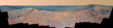 This false-color scene from the panoramic camera (Pancam) on NASA's Mars Exploration Rover Opportunity catches 'Pillinger Point,' on the western rim of Endeavour Crater, in the foreground.