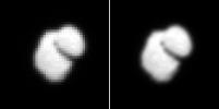 This observation from ESA's Rosetta spacecraft shows that comet 67P/Churyumov-Gerasimenko has a two-part shape. The image on the left is from OSIRIS; the image on the right is enhanced with interpolated data.