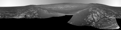 This July 29, 2014, panorama combines several images from the navigation camera on NASA's Mars Exploration Rover Opportunity to show the rover's surroundings after surpassing 25 miles (40.23 kilometers) of total driving on Mars.