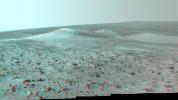 This stereo vista from NASA's Mars Rover Opportunity shows 'Wdowiak Ridge,' from left foreground to center, as part of a northward look. You will need 3-D glasses to view this image.