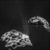 Four images taken by the ESA Rosetta spacecraft create a montage showing jets of dust and gas escaping from the nucleus of comet 67P/Churyumov-Gerasimenko.