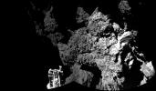 The Philae lander of the European Space Agency's Rosetta mission is safely on the surface of Comet 67P/Churyumov-Gerasimenko, as these first two images from the lander's CIVA camera confirm. One of the lander's three feet can be seen in the foreground.