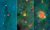 This series of images show three evolutionary phases of massive star formation, as pictured in infrared images from NASA's Spitzer Space Telescope.