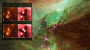 Infrared images from instruments at Kitt Peak National Observatory (left) and NASA's Spitzer Space Telescope document the outburst of HOPS 383, a young protostar in the Orion star-formation complex.
