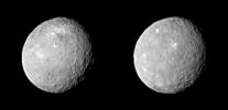 These two views of Ceres were acquired by NASA's Dawn spacecraft on Feb. 12, 2015, from a distance of about 52,000 miles (83,000 kilometers) as the dwarf planet rotated. The images have been magnified from their original size.