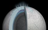 This cutaway view of Saturn's moon Enceladus is an artist's rendering that depicts possible hydrothermal activity that may be taking place on and under the seafloor of the moon's subsurface ocean, based on published results from NASA's Cassini mission.