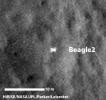 A configuration interpreted as the United Kingdom's Beagle 2 Lander, with solar panels at least partially deployed, is indicated in this composite of two images from NASA's Mars Reconnaissance Orbiter.
