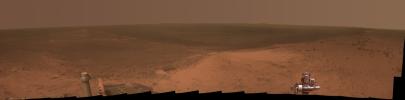 This panorama is the view NASA's Mars Exploration Rover Opportunity gained from the top of the 'Cape Tribulation' segment of the rim of Endeavour Crater.