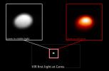 In this image, taken January 13, 2015, NASA's Dawn spacecraft captures the dwarf planet Ceres in both visible and infrared light. The infrared image, right, serves as a temperature map of Ceres, where white is warmer and red is colder.