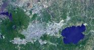 This image from NASA's Terra spacecraft shows Lake Ilopango, a crater lake which fills a volcanic caldera in central El Salvador, immediately east of the capital city San Salvador.