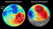 Maps of magnesium/silicon (left) and thermal neutron absorption (right) across Mercury's surface (red indicates high values, blue low) are shown here by NASA's MESSENGER spacecraft.