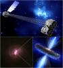 A montage of images showing an artist's concept of NuSTAR (top); a color image of one of the galaxies targeted by NuSTAR (lower left); and artist's concept of a hidden black hole.