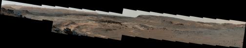 A sweeping panorama combining 33 telephoto images into one Martian vista presents details of several types of terrain visible on Mount Sharp from a location along the route of NASA's Curiosity Mars rover.