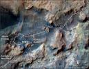 This map shows the route on lower Mount Sharp that NASA's Curiosity followed in April and early May 2015, in the context of the surrounding terrain. Numbers along the route identify the sol, or Martian day, on which it completed the drive.
