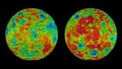 This pair of images shows color-coded maps from NASA's Dawn mission, revealing the highs and lows of topography on the surface of dwarf planet Ceres.