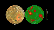 This frame from an animation shows Jupiter's volcanic moon Io as seen by NASA's Voyager and Galileo spacecraft (at left) and the pattern of heat flow from 242 active volcanoes (at right).