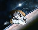 This artist's concept shows NASA's fleet of observatories busily gathering data before and after July 14, 2015 to help piece together what we know about Pluto, and what features New Horizons data might help explain.