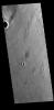 This image captured by NASA's 2001 Mars Odyssey spacecraft shows several windstreaks located on the volcanic flows west of Ceraunius Tholus.