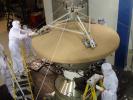 Spacecraft specialists at Lockheed Martin Space Systems, Denver, prepare NASA's InSight spacecraft for vibration testing as part of assuring that it is ready for the rigors of launch from Earth and flight to Mars.
