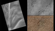 This series of images from NASA's Mars Reconnaissance Orbiter successively zooms into 'spider' features, or channels carved in the surface in radial patterns, in the south polar region of Mars.
