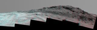 This 3-D stereo view from NASA's Mars rover Opportunity shows contrasting textures and colors of 'Hinners Point,' at the northern edge of 'Marathon Valley,' and swirling reddish zones on the valley floor to the left.