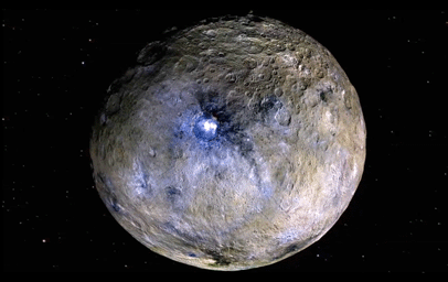 This frame from a video from NASA's Dawn mission shows dwarf planet Ceres in false-color renderings, which highlight differences in surface materials.