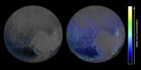 This false-color image, derived from observations in infrared light by the LEISA instrument, shows where the spectral features of water ice are abundant on Pluto's surface based on two scans obtained by NASA's New Horizons on July 14, 2015.