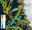 This image shows a region of the sea floor off the coast of northwest Greenland mapped as part of NASA's Oceans Melting Greenland (OMG) mission. The data shown here will be used to understand the pathways by which warm water can reach glacier edges.