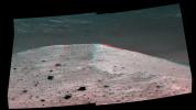 This anaglyph from the panoramic camera (Pancam) on NASA's Mars Exploration Rover Opportunity shows 'Spirit Mound' overlooking the floor of Endeavour Crater. You need 3-D glasses to view this image.