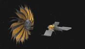 This artist's rendering shows the proposed starshade concept flying in sync with a space telescope. The giant sunflower-like structure would be used to acquire images of Earth-like rocky planets around nearby stars.