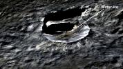 The small bright crater Oxo, 6 miles (10 kilometers) wide, is seen in this perspective view view from NASA's Dawn spacecraft. The elevation has been exaggerated by a factor of two.