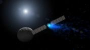 This artist's rendering shows NASA's Dawn spacecraft maneuvering above Ceres with its ion propulsion system. Dawn arrived into orbit at Ceres on March 6, 2015, and continues to collect data about the mysterious and fascinating world.