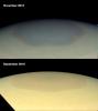 These two natural color images from NASA's Cassini spacecraft show the changing appearance of Saturn's north polar region between 2012 and 2016.
